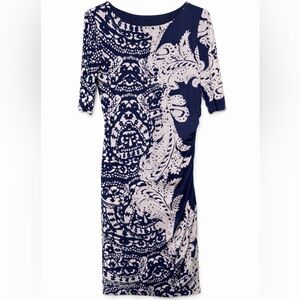 Jones New York Blue & White Printed Dress – Size 12 – Elegant Sheath